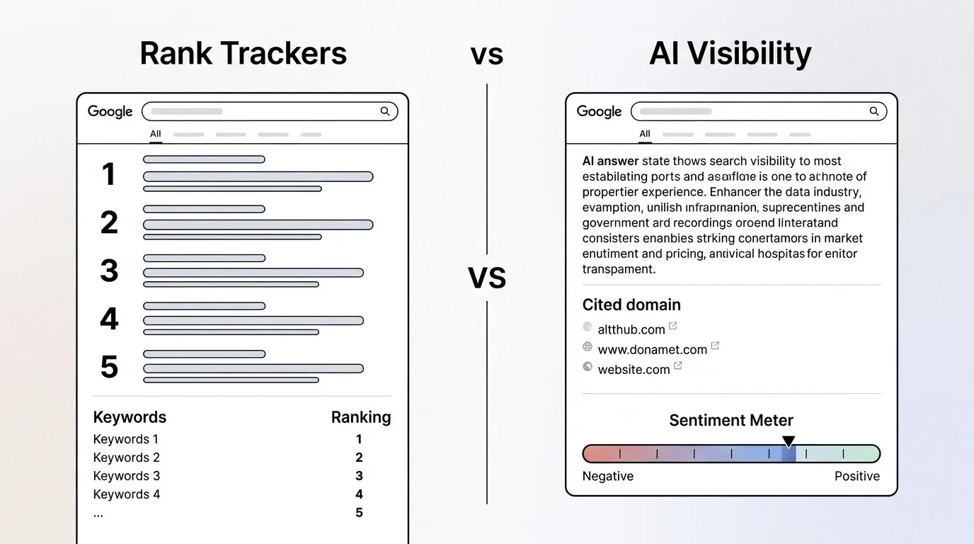 Split-screen showing differences between rank tracking and AI visibility tools with citation and sentiment indicators