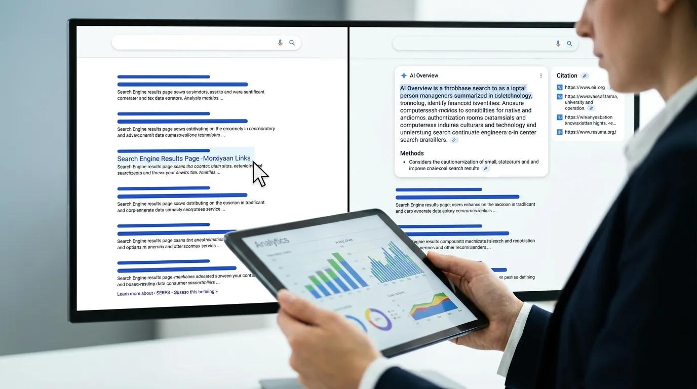 Split visual of classic SERP vs AI Overview showing citation visibility and reduced clicks