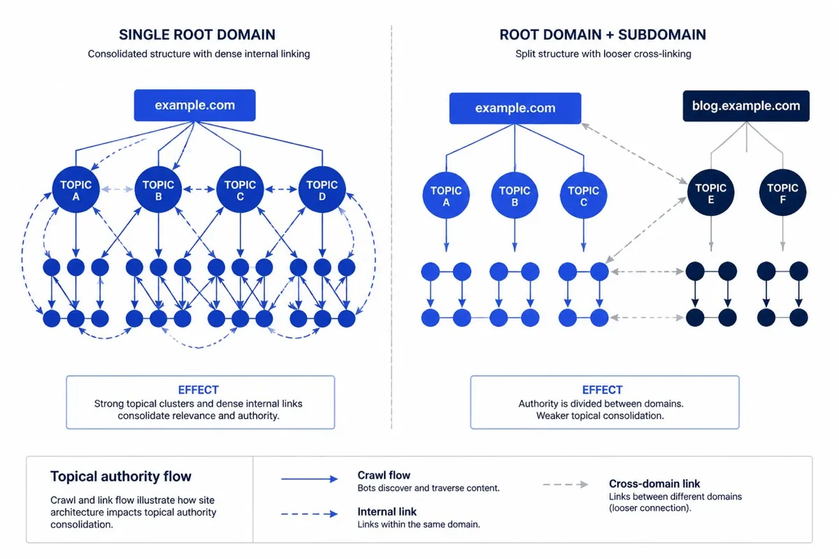 Diagram showing how subdomains split topical authority versus consolidated subdirectory