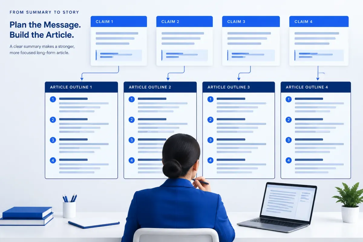 Summary-first content planning with four claims feeding four article outlines