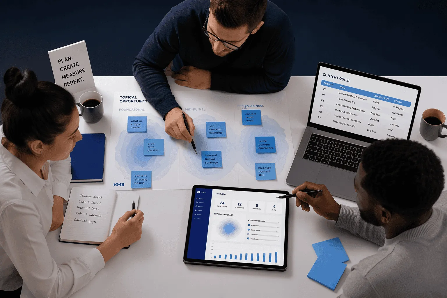 Team operationalizing content workflow around topical map and prioritized queue