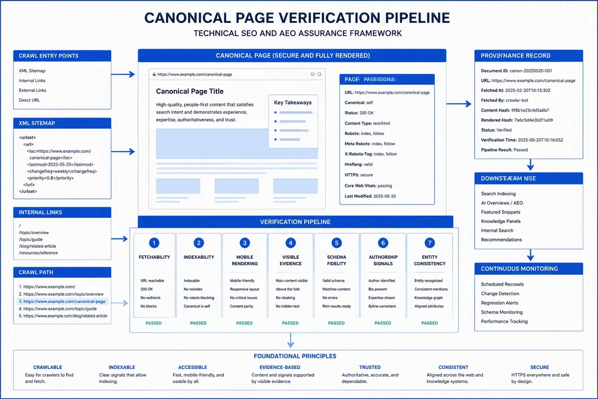 Technical AEO signals supporting crawlability, schema fidelity, provenance, and authority