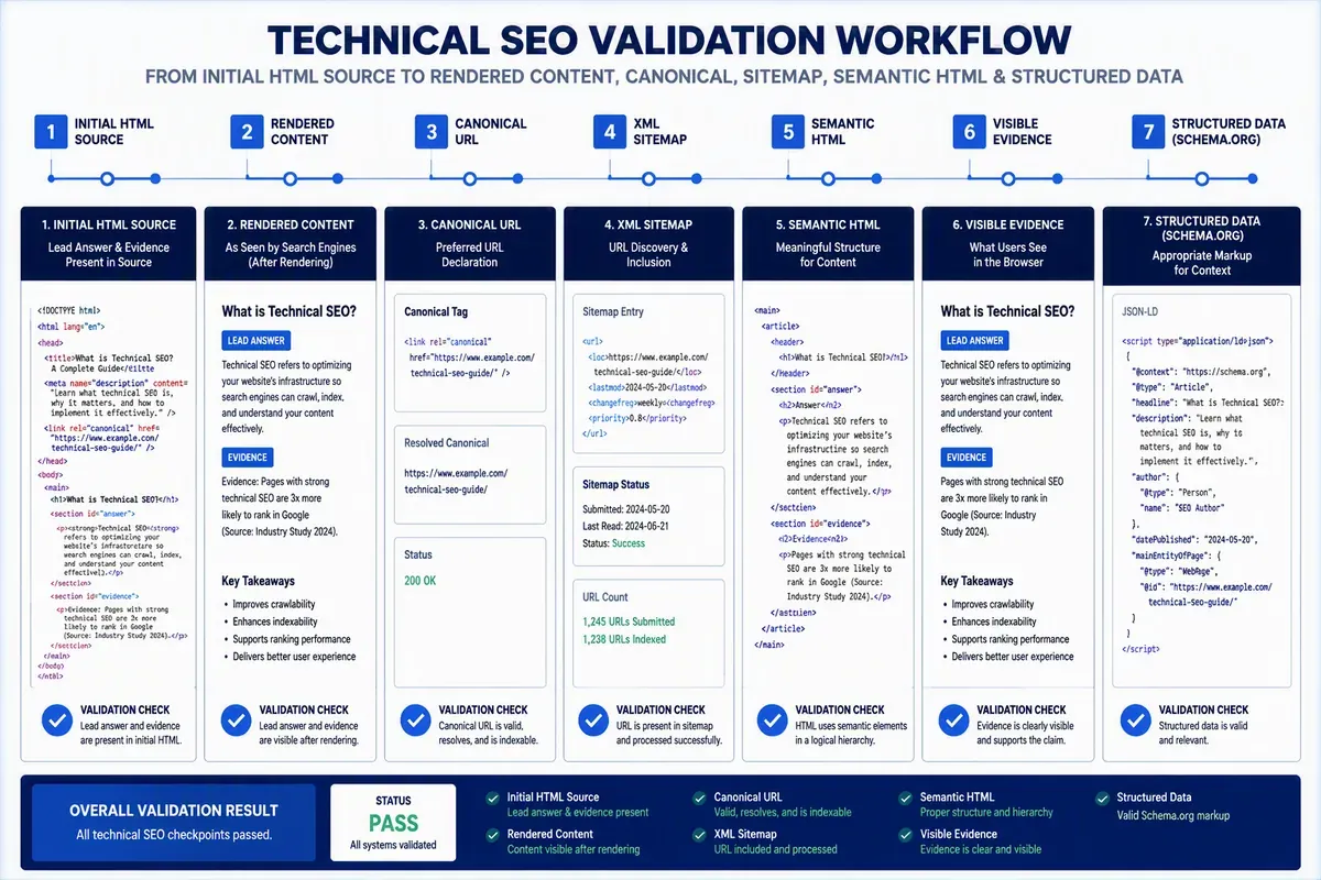 Technical SEO validation for crawlability, initial HTML, schema, canonical URLs, and evidence