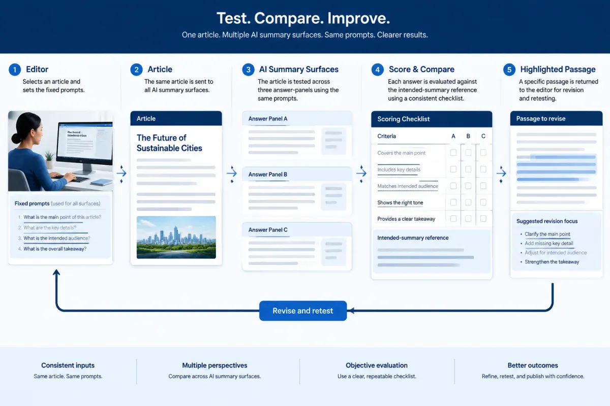 Test AI summaries against an intended summary, revise errors and retest the page
