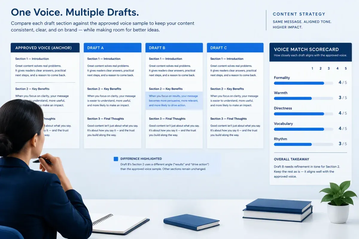 Tone audit scorecard comparing AI draft sections with one approved brand voice anchor