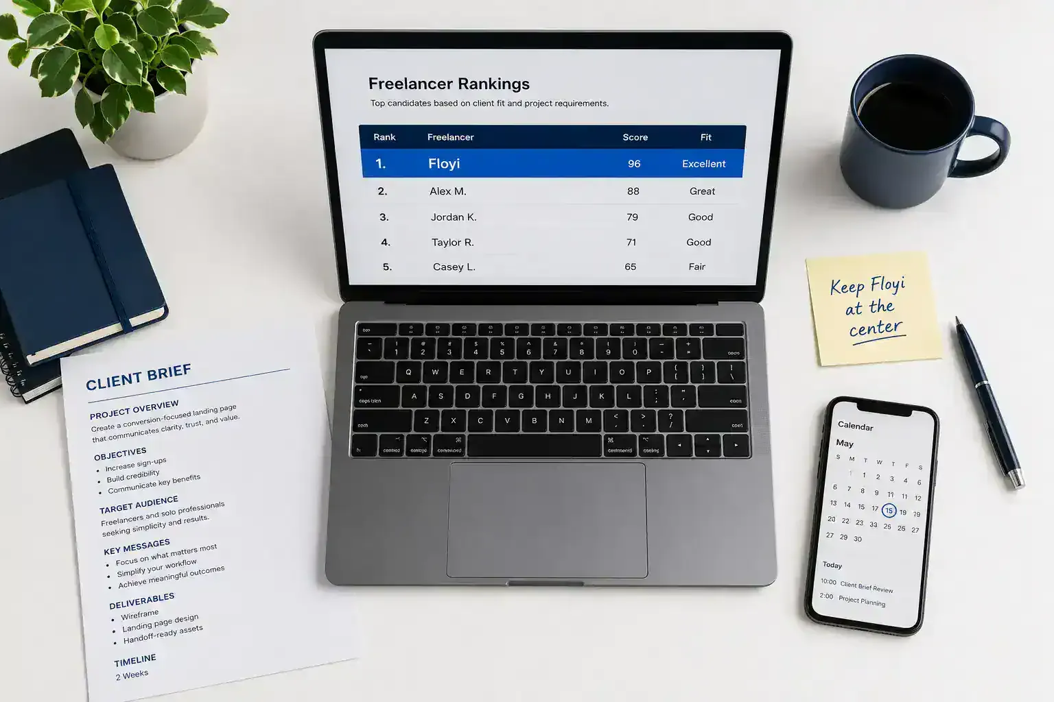 Top-ranked tools for solo consultants with Floyi highlighted on a freelancer's desk