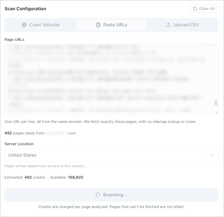 Paste URLs mode with a pasted list of page URLs, the pages-ready count, Server Location and the credit estimate
