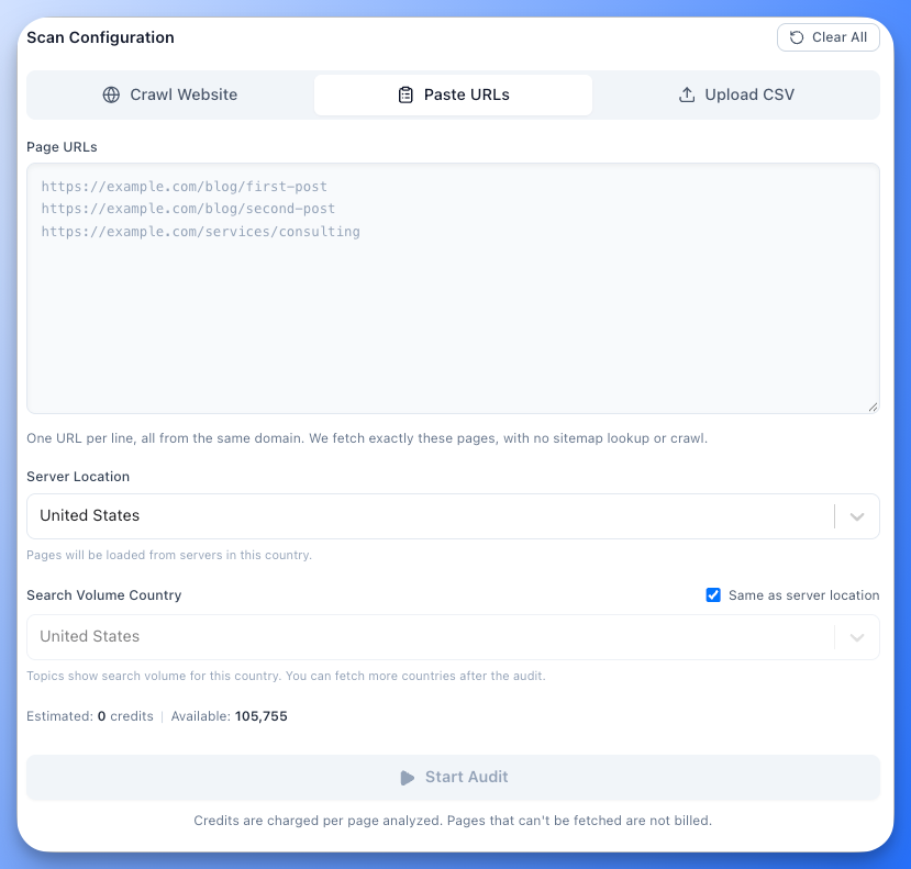 Topical Audit Paste URLs mode with a pasted list of page URLs, Server Location, Search Volume Country and the credit estimate