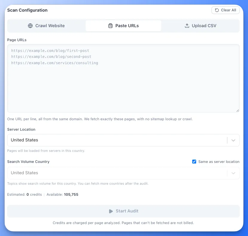 Topical Audit Paste URLs mode with a pasted list of page URLs, Server Location, Search Volume Country and the credit estimate