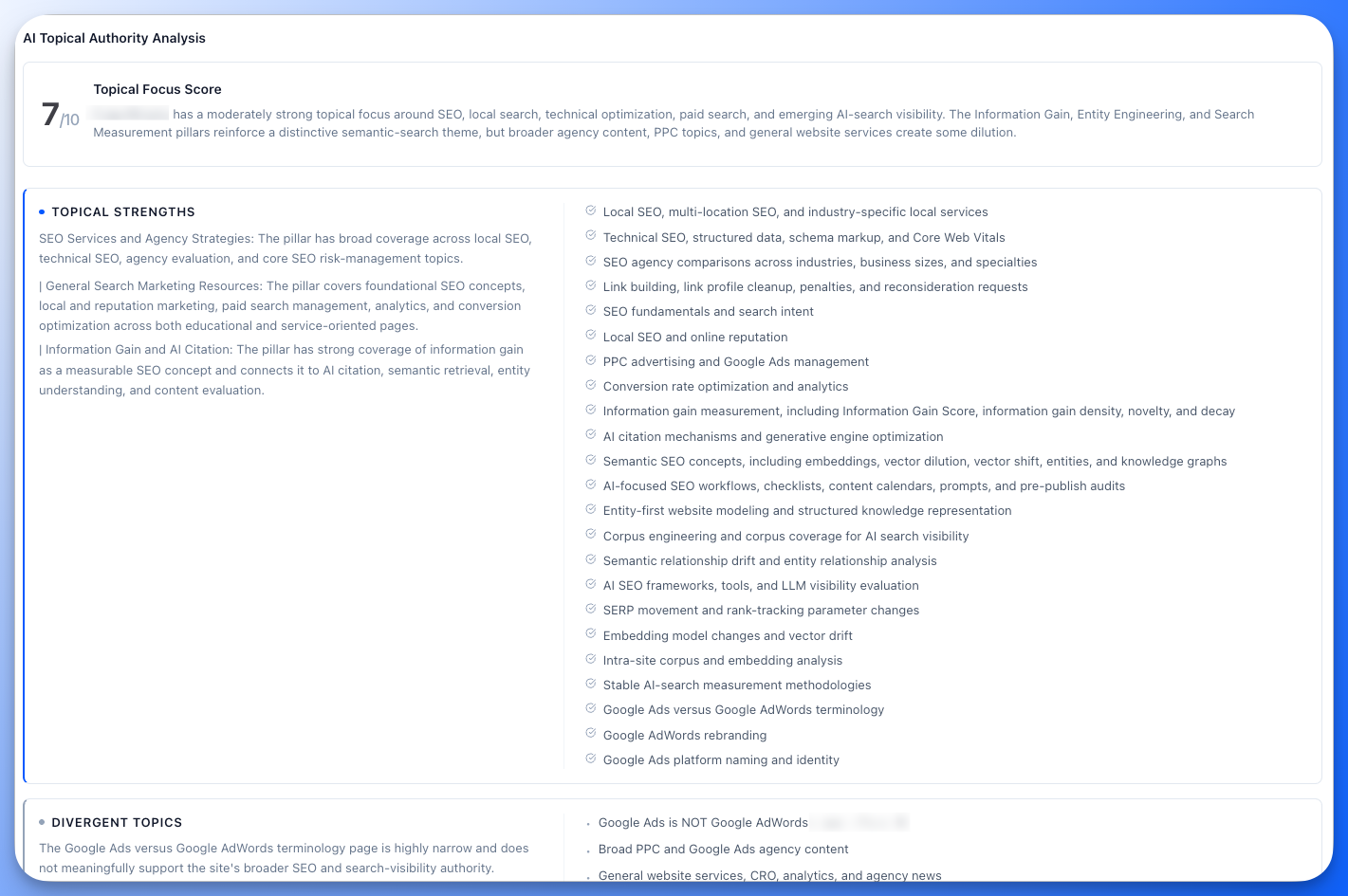 Floyi Topical Audit results showing the Topical Focus Score and discovered topical strengths for a site
