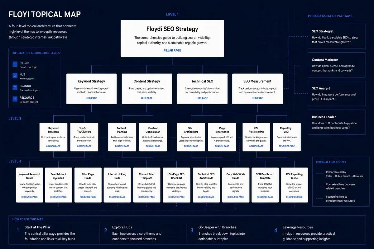 Topical authority map showing Pillar, Hub, Branch, Resource coverage, and internal links
