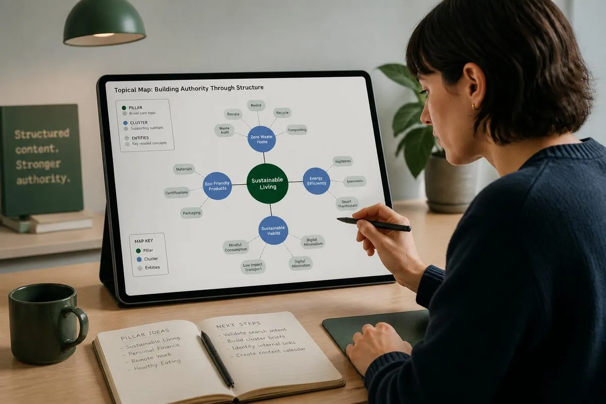 Content strategist defining a topical boundary with hub-and-spoke map on tablet