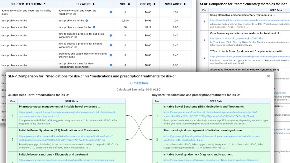 Floyi SERP Clustering report listing keywords by Cluster Head Term with volume, CPC and similarity, above a SERP comparison showing 8 matches and 80% similarity between two keywords