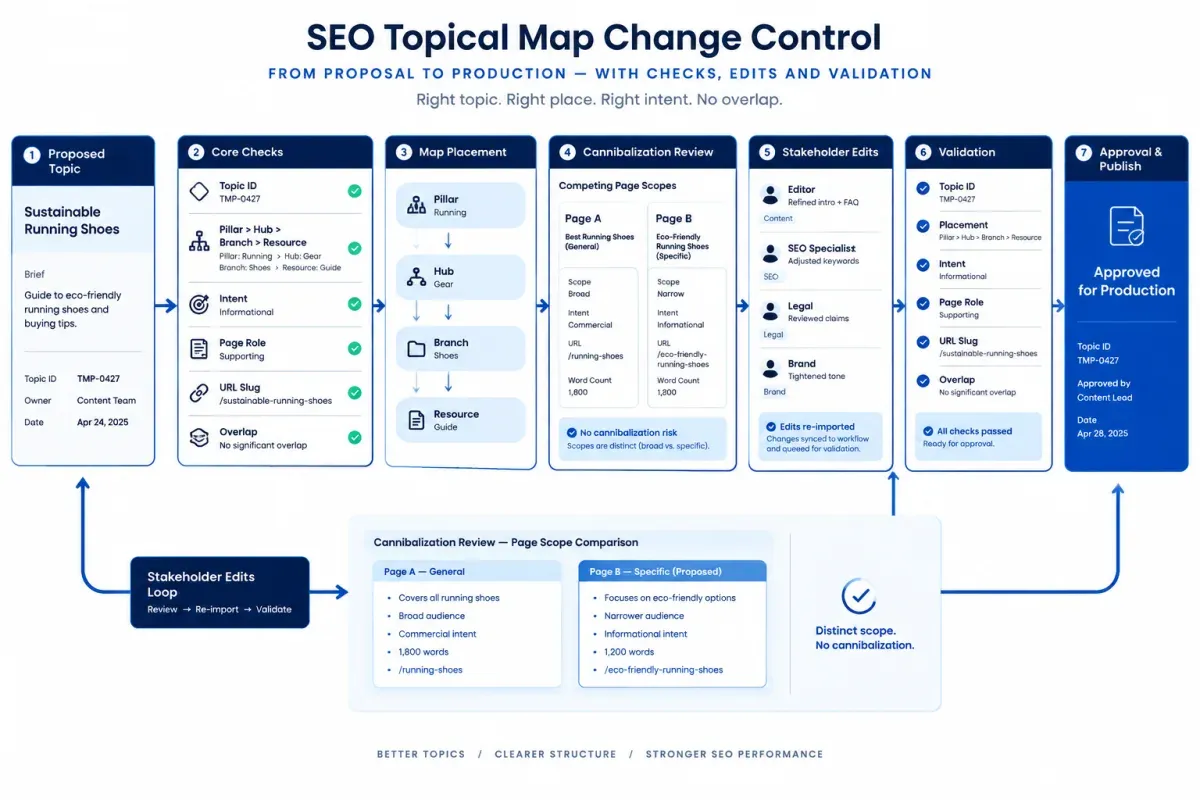 SEO topical map change control validates topic hierarchy, URL slugs and overlap before production