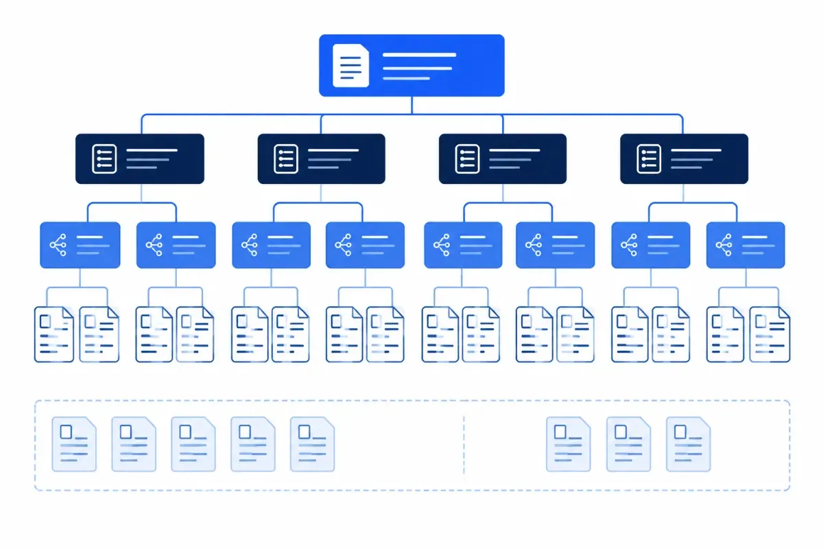SEO topical map showing Pillar, Hub, Branch, and Resource levels for content audit coverage