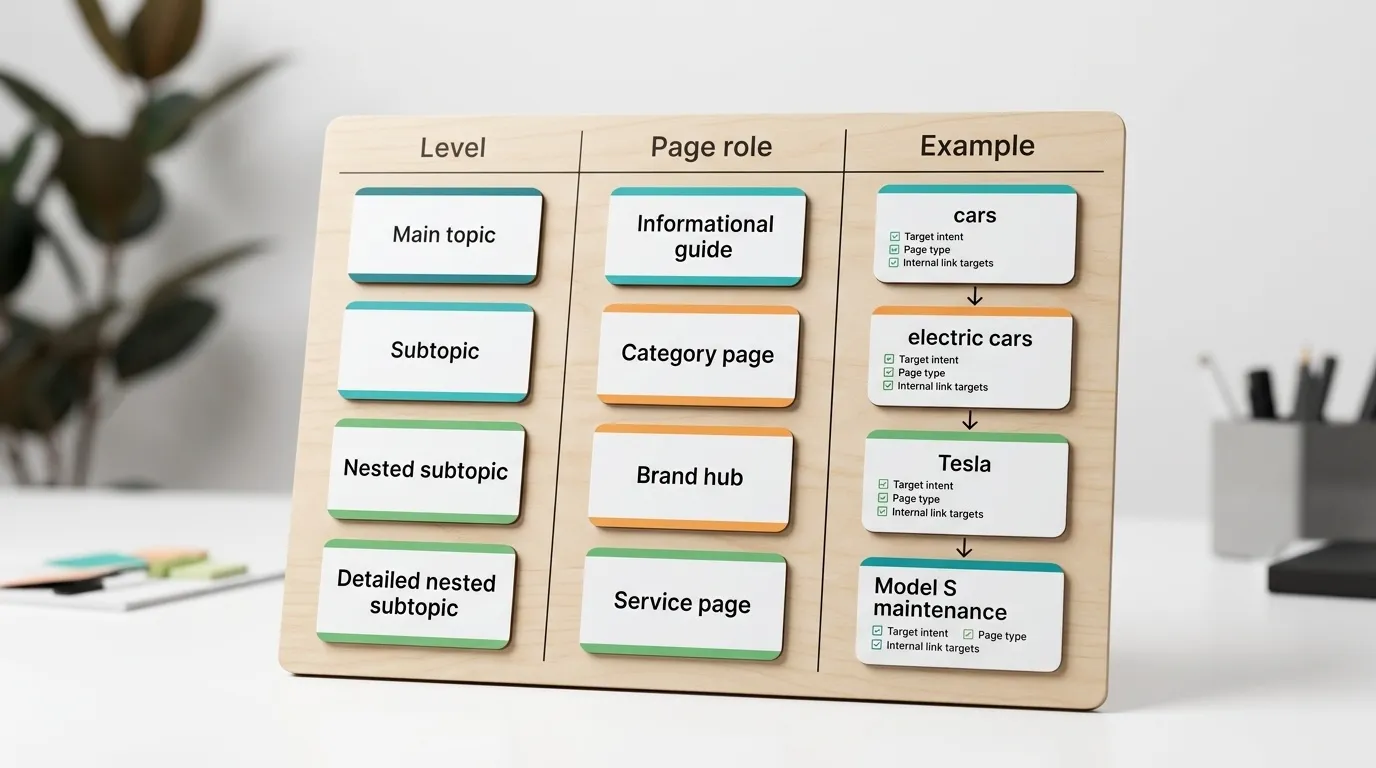Topical map planning board showing silo levels from main topic to nested subtopic