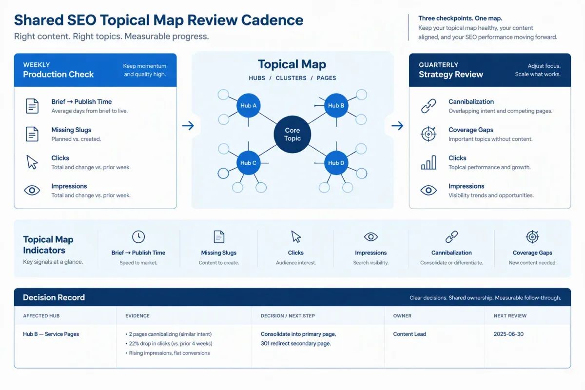 SEO topical map review cadence tracking production, performance, ownership, and coverage gaps