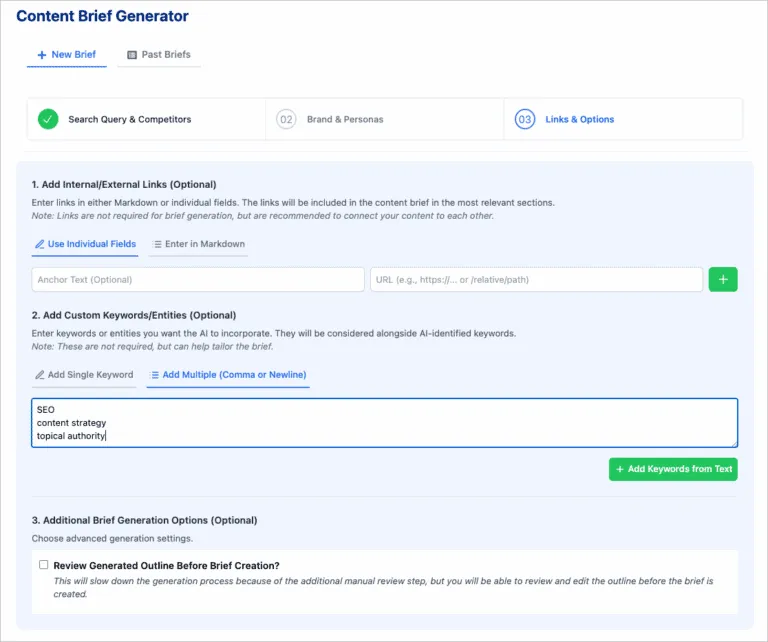 Add custom keywords and entities to content brief
