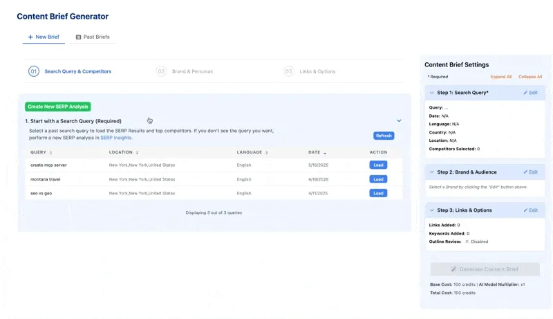 SERP analysis running from inside the Brief Generator