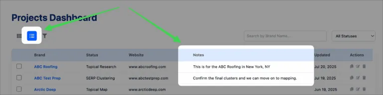 Dashboard interface showing project list view with internal notes