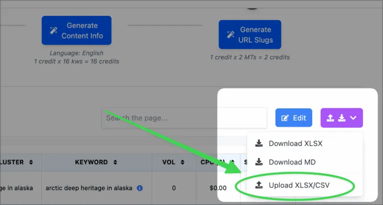 Dropdown menu showing Upload XLSX/CSV option