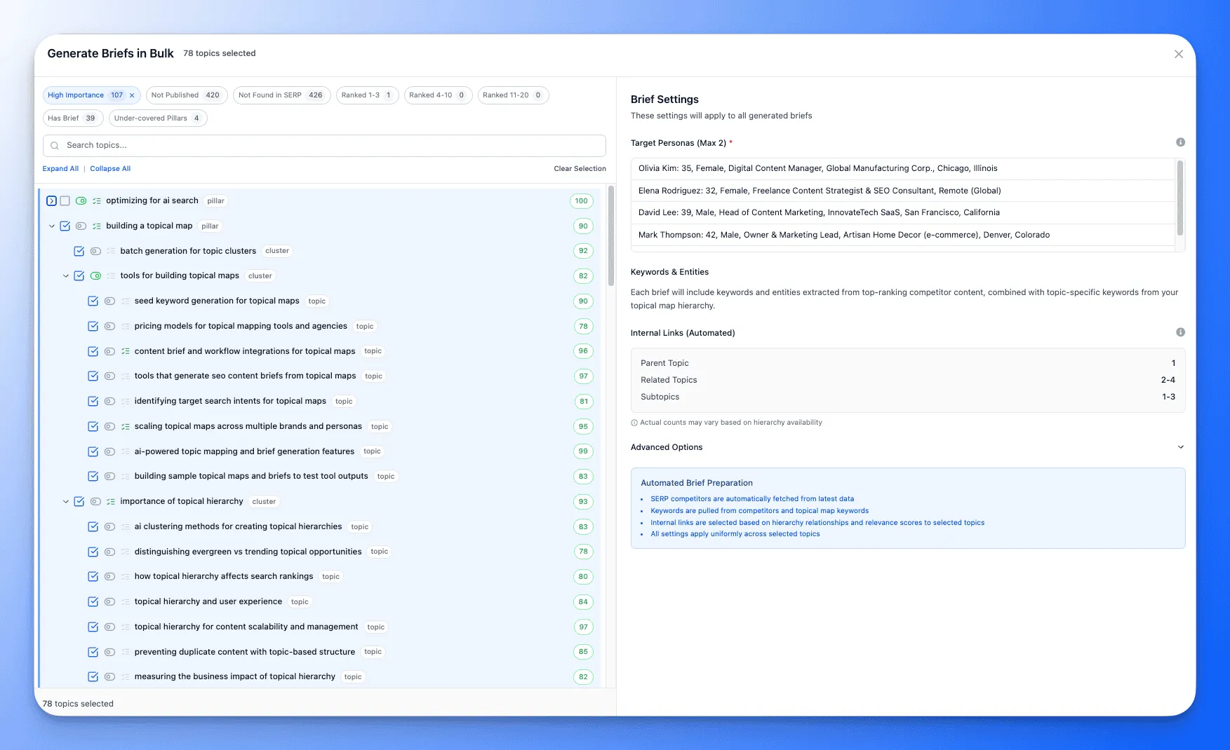 Bulk brief generation interface with topic selection and settings