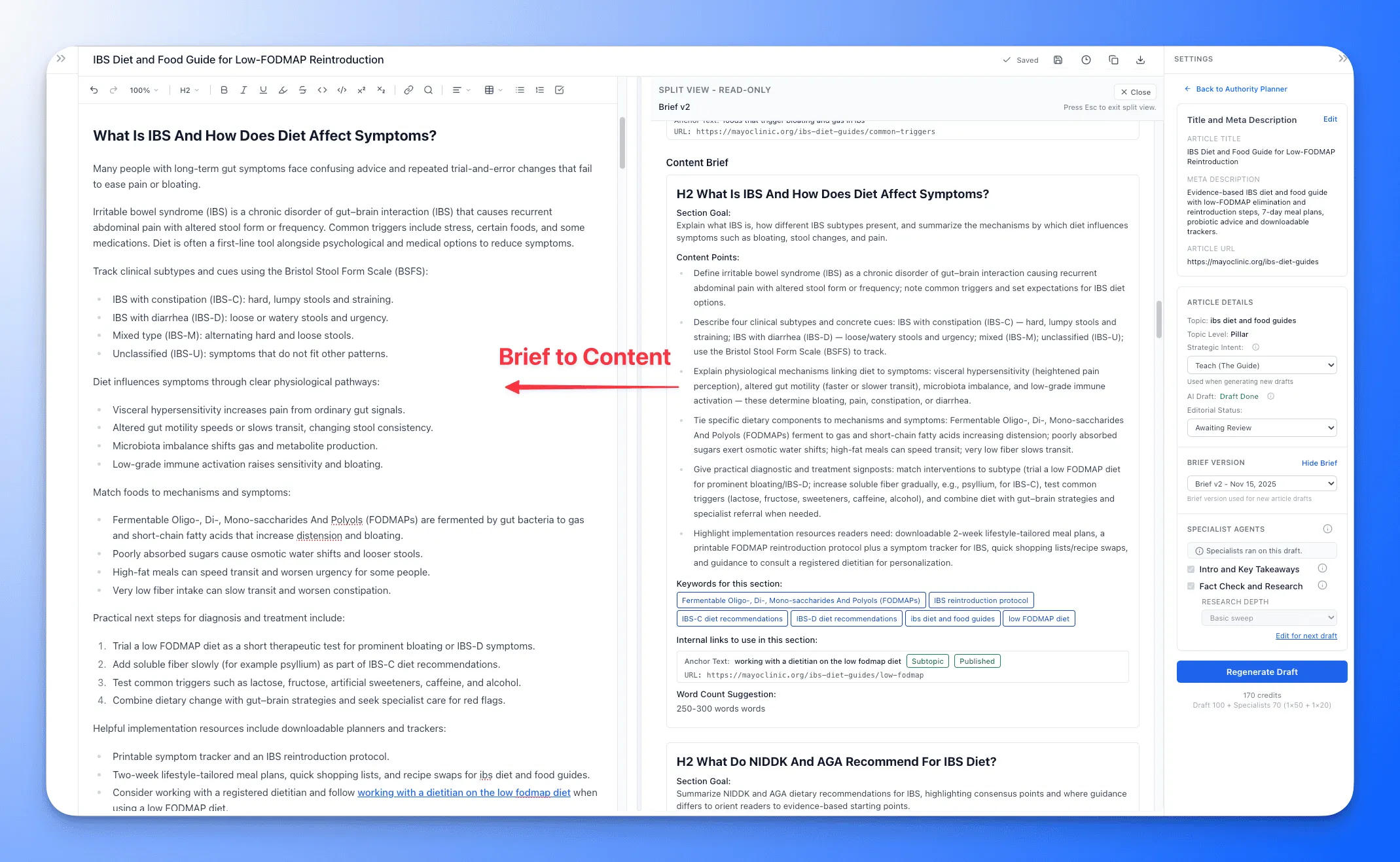 Side-by-side view of content brief and article draft