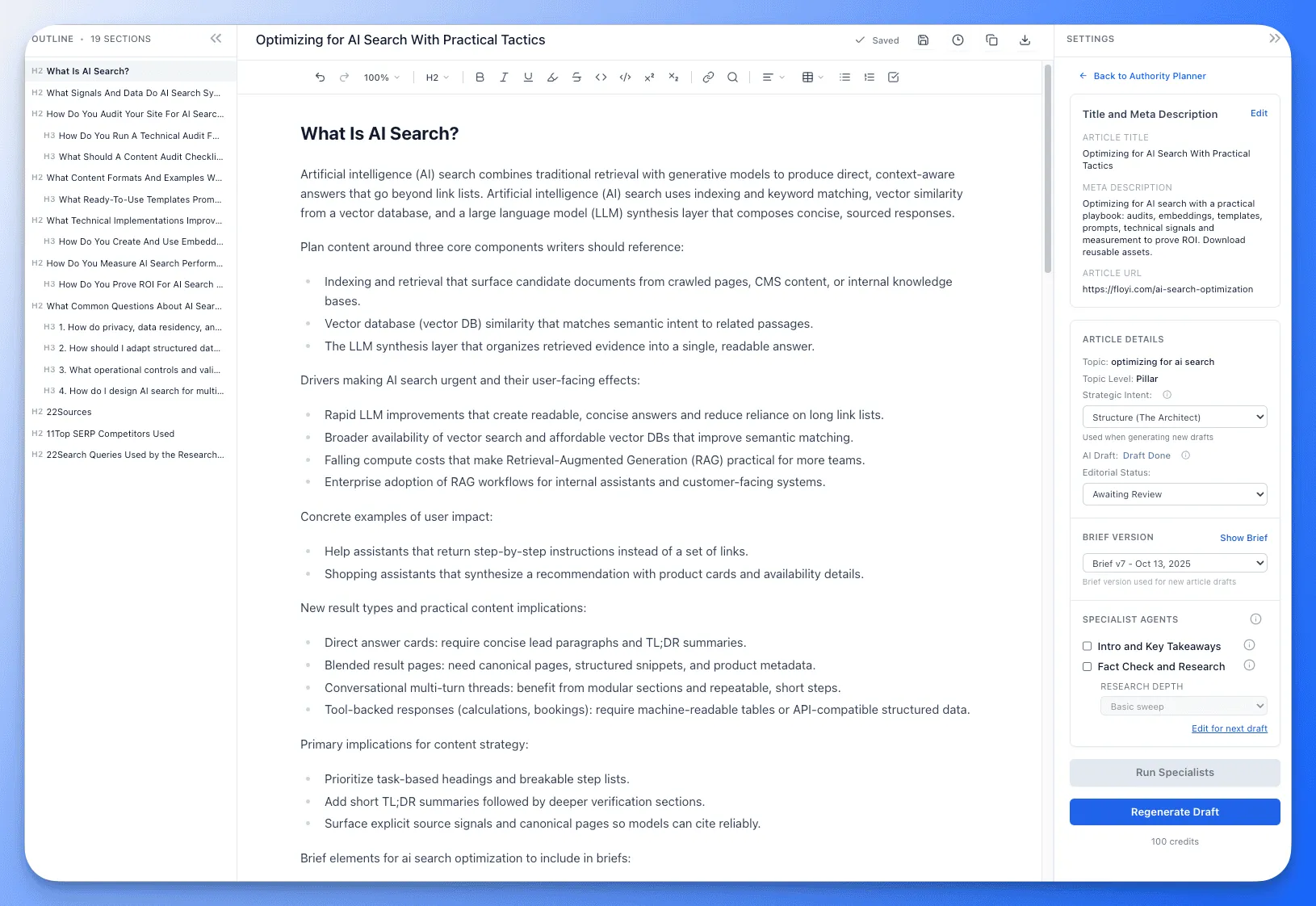 Content Creation Editor Dashboard with article draft and settings sidebar