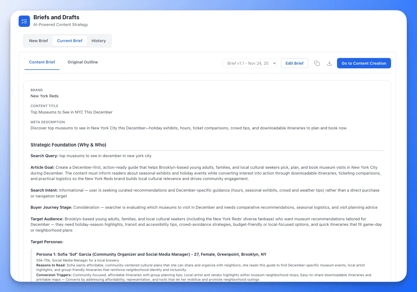 Briefs & Drafts workspace showing content brief with brand, keyword, and persona settings