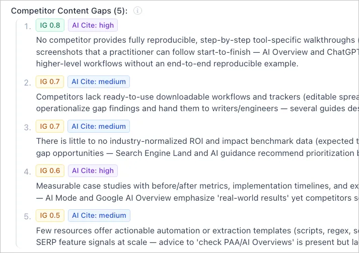 Content Brief Information Gain — IG scores and AI Cite ratings for competitor content gaps
