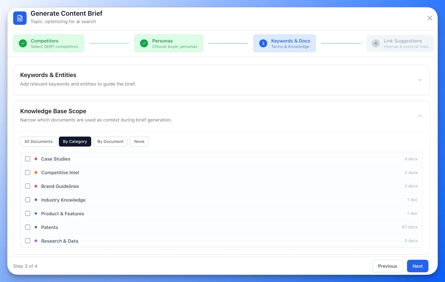 Content Brief Knowledge Base Scope — select categories or individual documents for Brief Agents