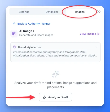 AI Images sidebar showing Brand style active indicator and Analyze Draft button