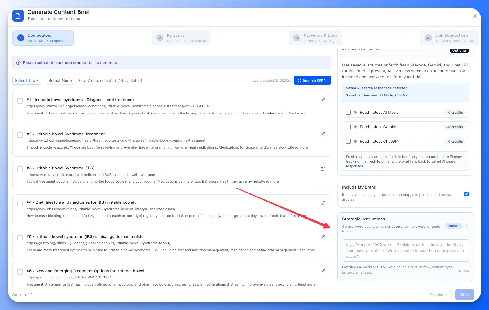Content brief generation with custom instructions field for directing the Brief Agents