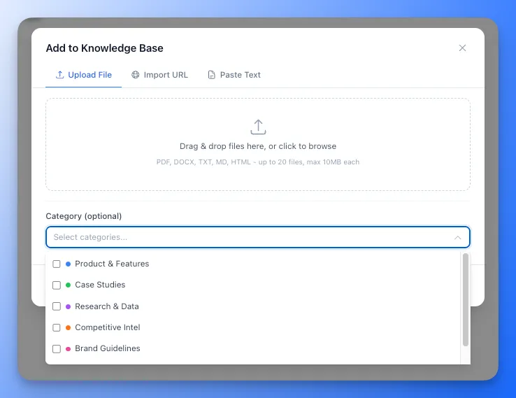 Knowledge Base upload modal with category selection dropdown