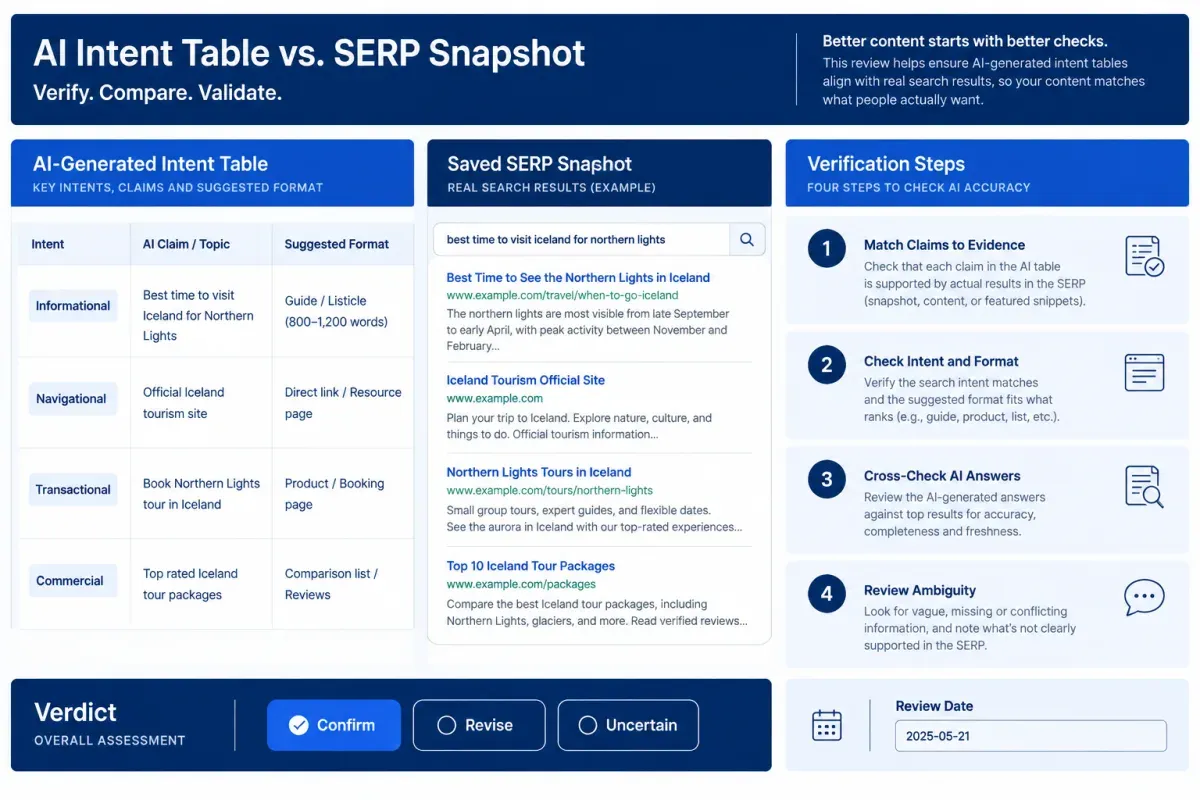 Four-step process for verifying AI search intent findings against a saved SERP