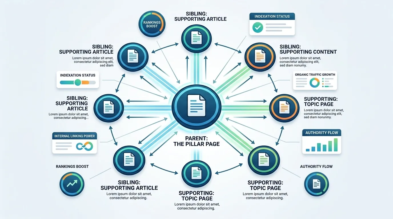 Visual of pillar hub radiating authority to supporting pages illustrating topical authority