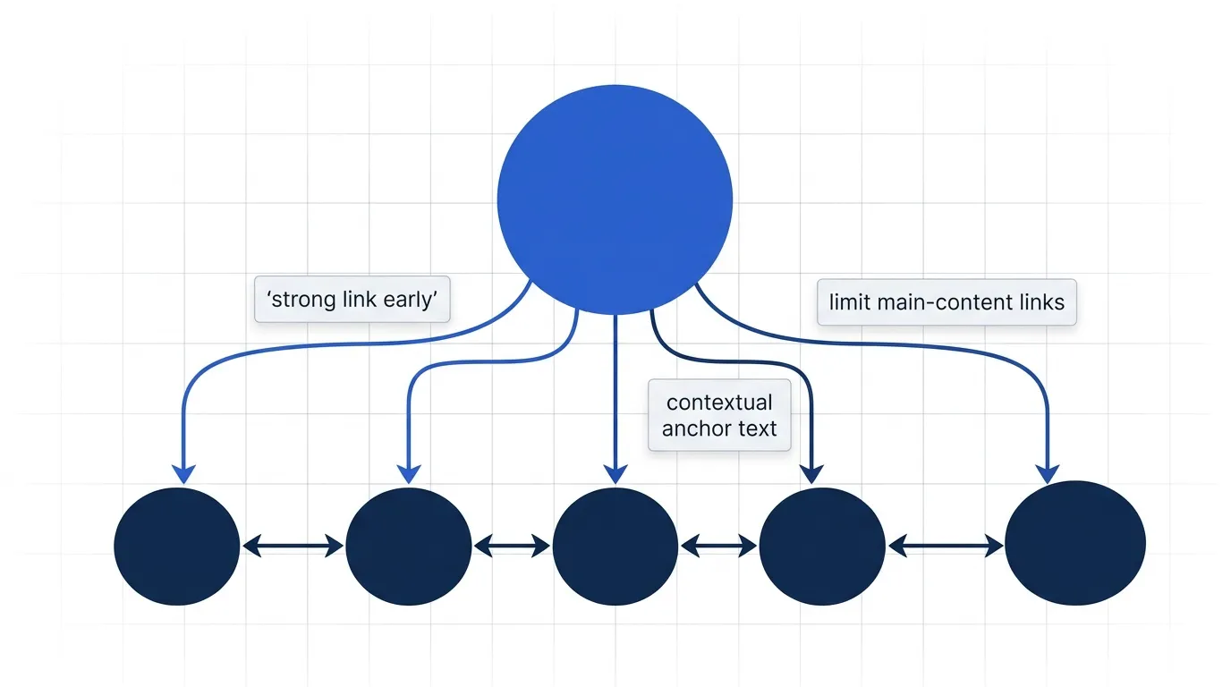Visualization of internal-link flow from pillar to cluster pages showing anchor and sibling links