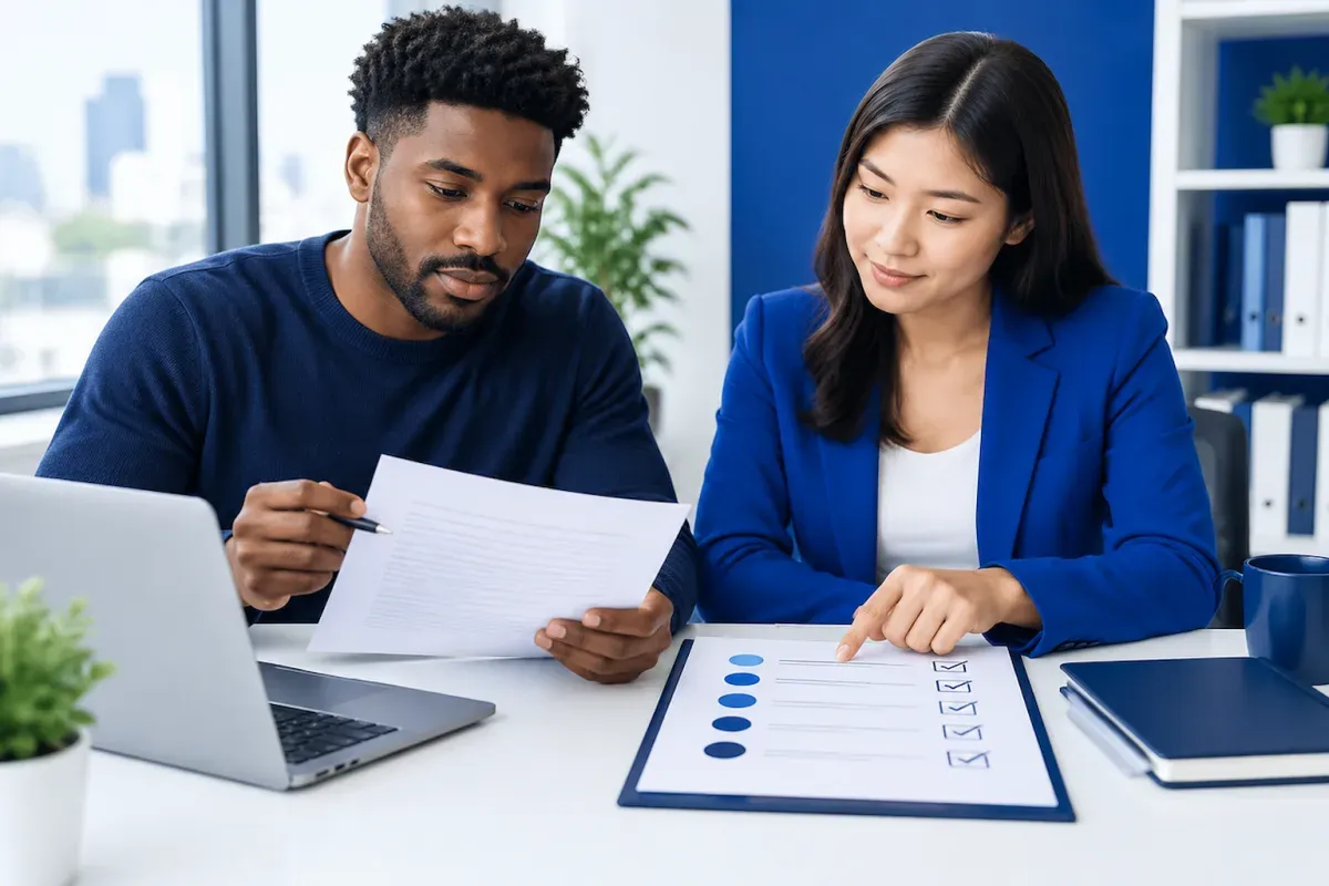 Writer and editor reviewing a draft against a content brief acceptance checklist