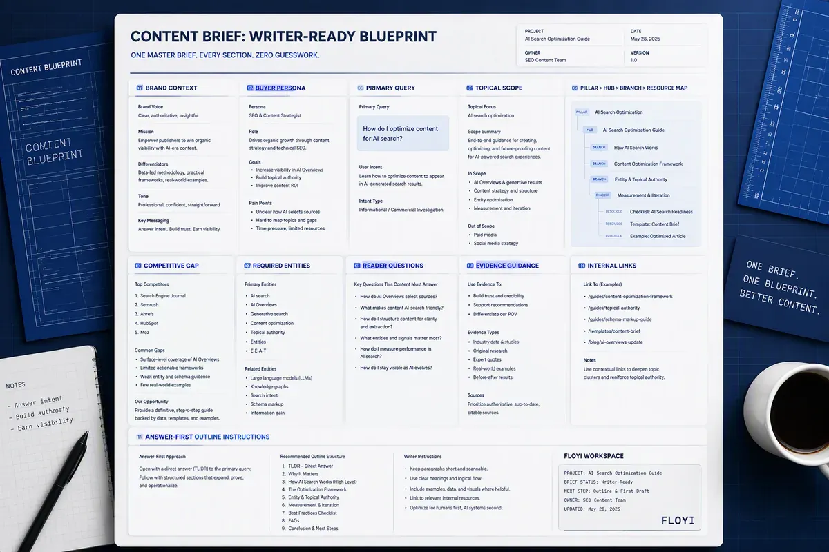 Writer-ready SEO content brief with topical map, persona, entities, and evidence